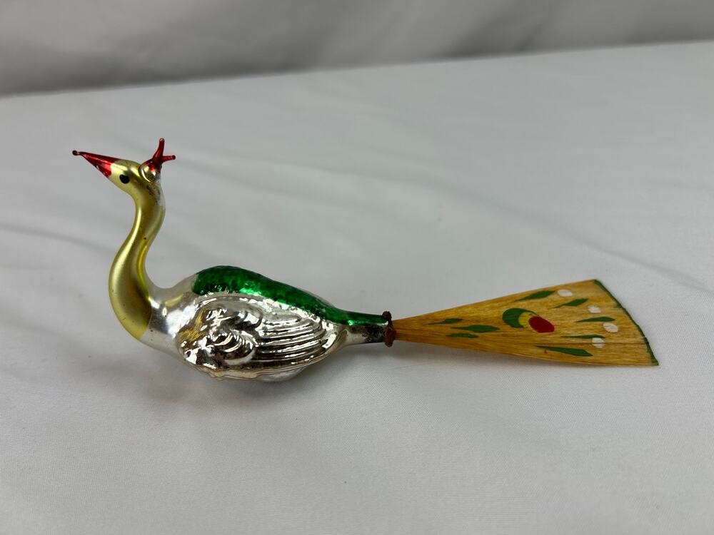 Vintage German Mercury Glass Peacock Bird Ornament Painted Wood Tail 5.5"